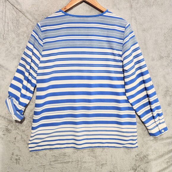 Talbots Blue White Striped Semi Sheer Split Neck Roll Tab Sleeve Blouse Size LP - Picture 8 of 10